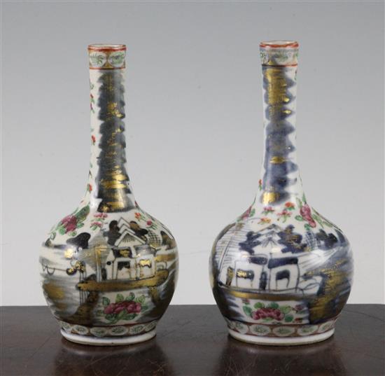 A pair of Chinese Canton-decorated small bottle vases, 19th century, 16cm